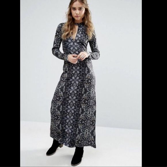 Free People Cabaret Plunge Maxi Dress Muted Printed Silky Fabric XS - Picture 3 of 6